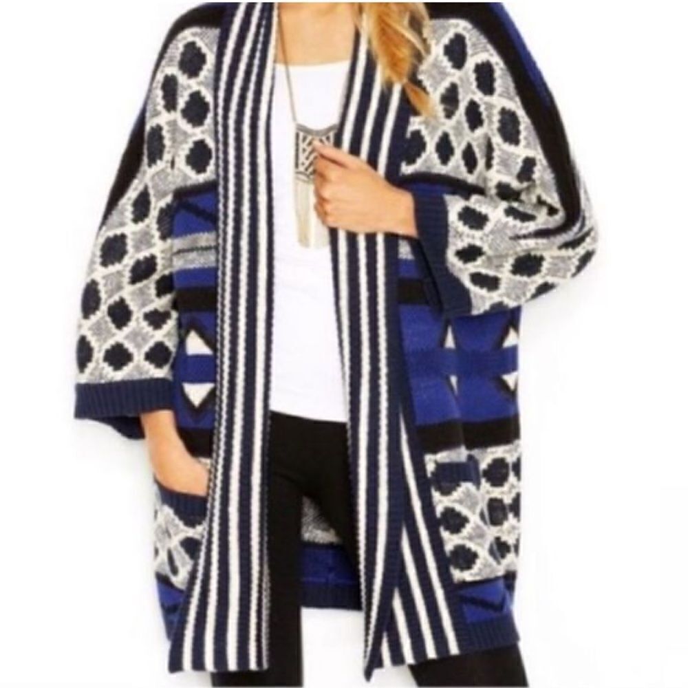 Lucky Brand Blue/Black Open Front Boho Cardigan - M